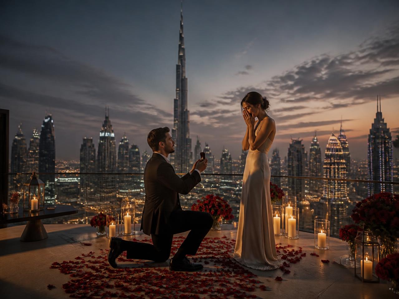 A couple on a terrace above the Dubai skyline at blue hour