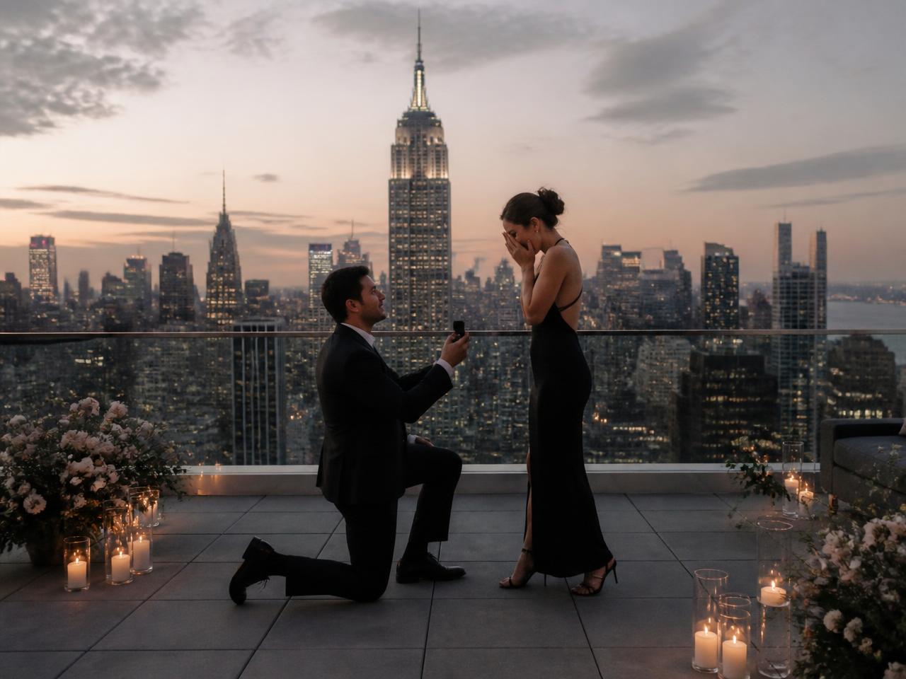 A couple on a Manhattan rooftop at dusk