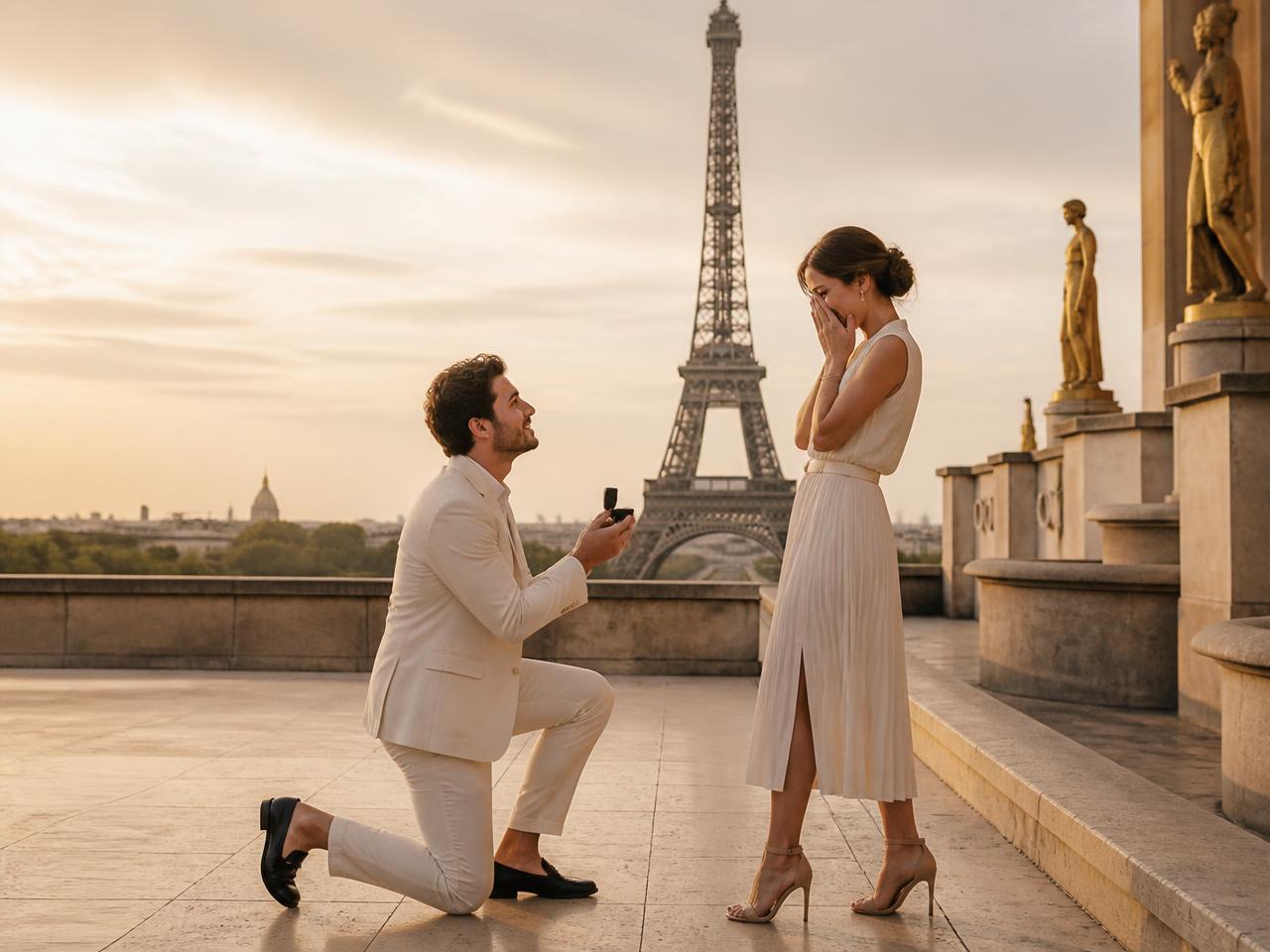 A marriage proposal at the Eiffel Tower at dusk