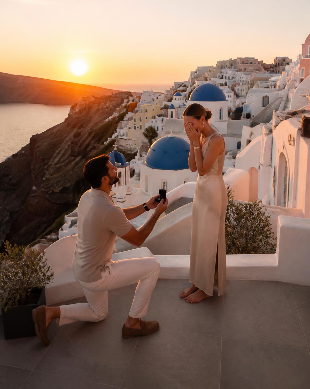 A marriage proposal on a Santorini terrace at sunset, with blue domes and the caldera behind